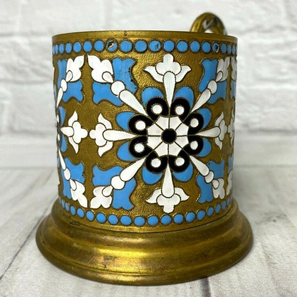 Bleu ENAMEL CLOISONNE PODSTAKANNIK Gilded plated brass  Soviet Tea Cup Holder Brass Enamel USSR Podstakannik Vintage 1957 year